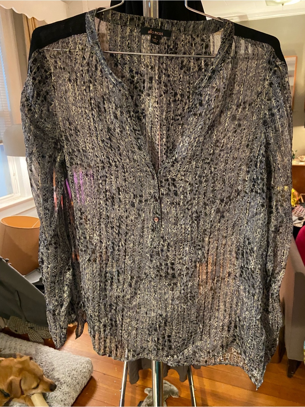 Ella Moss Black & Gray Sheer Printed Long Sleeve Blouse